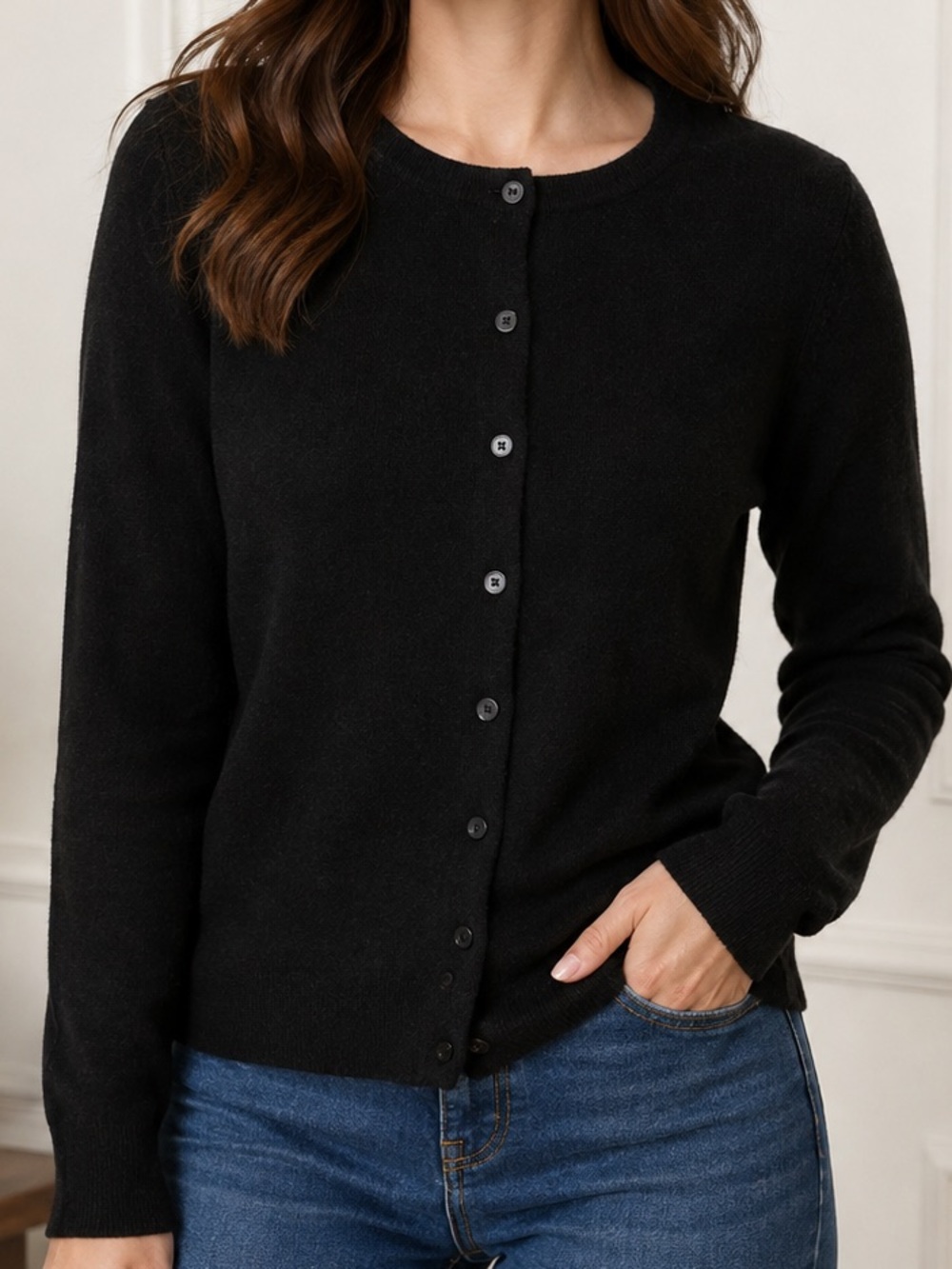 Vintage Valerie Stevens 100% Cashmere Black Cardigan Size L Made Hong Kong